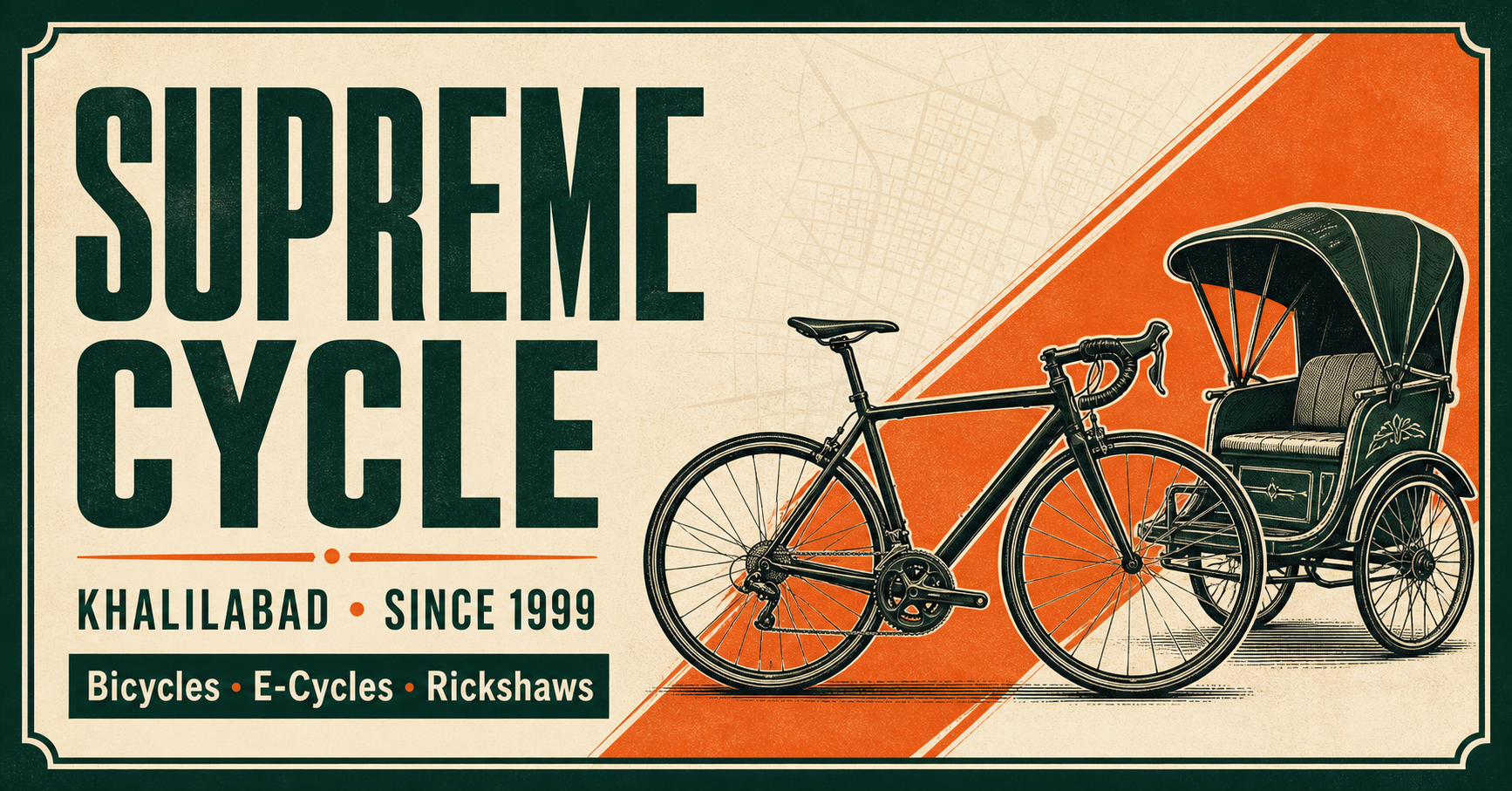 Illustrated Supreme Cycle poster featuring a bicycle and cycle rickshaw