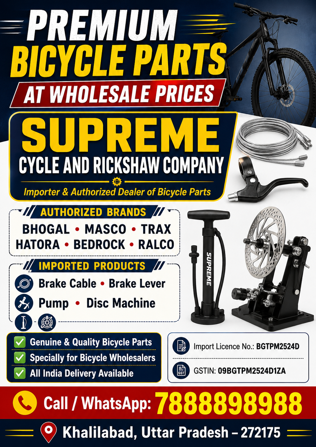 Supreme Cycle wholesale bicycle parts poster showing authorized brands, imported products and contact details